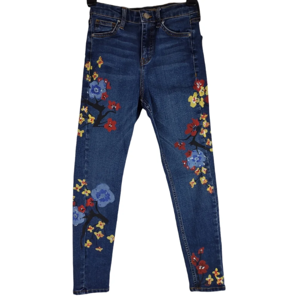 Topshop MOTO Floral Jamie Jeans Size W 25 L 25 Skinny Hand Painted - Picture 4 of 15